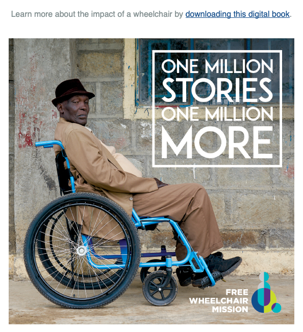 A photo of an African man in a wheelchair, on the cover of a book called "One Million Stories, One Million More"